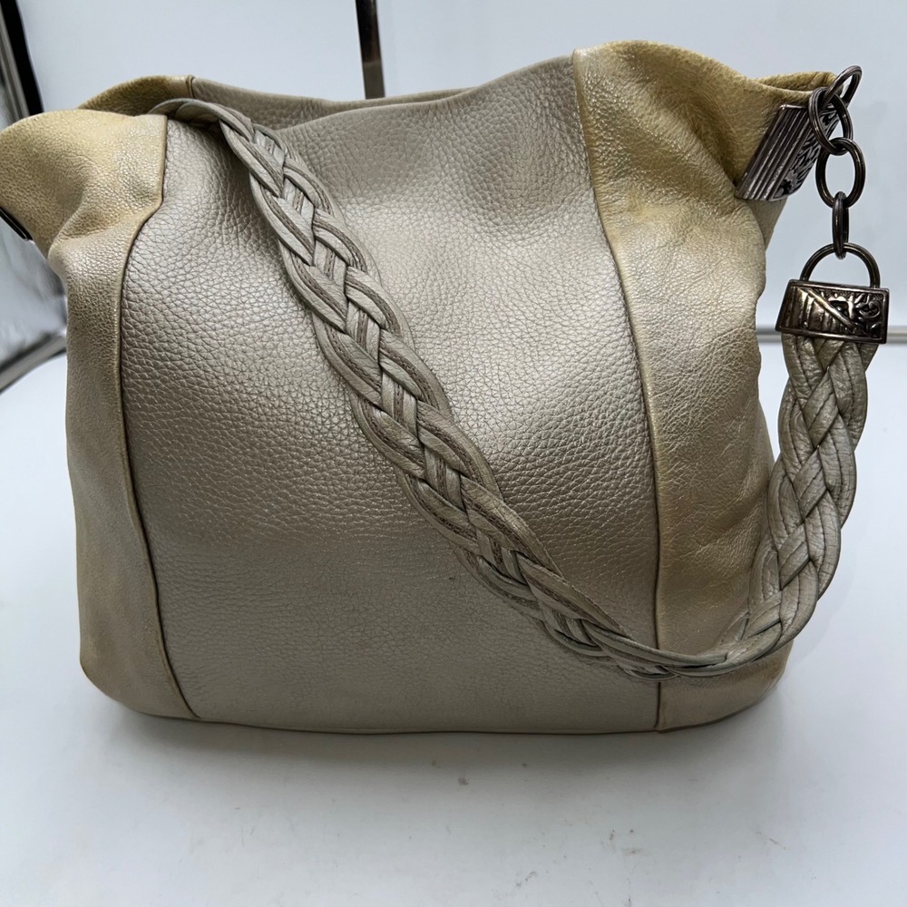 Brighton Metallic Beige Leather Hobo Shoulder Bag Chain Braided Strap Purse - Picture 6 of 10